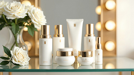 This image shows an elegant arrangement of luxury skincare products displayed on a glass surface. The bottles and jars are sleek, white with gold caps, giving them a premium and sophisticated look. In the background, there are soft glowing vanity lights and a bouquet of white roses, adding a touch of glamour and refinement to the scene.